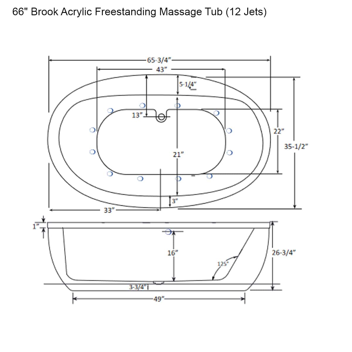66" Brook Acrylic Freestanding Massage Tub