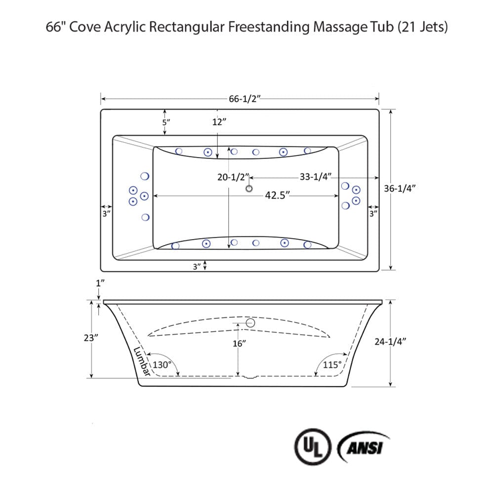 66" Cove Acrylic Rectangular Freestanding Massage Tub