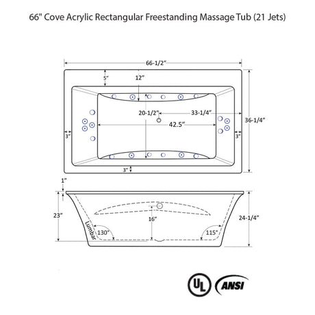 66" Cove Acrylic Rectangular Freestanding Massage Tub