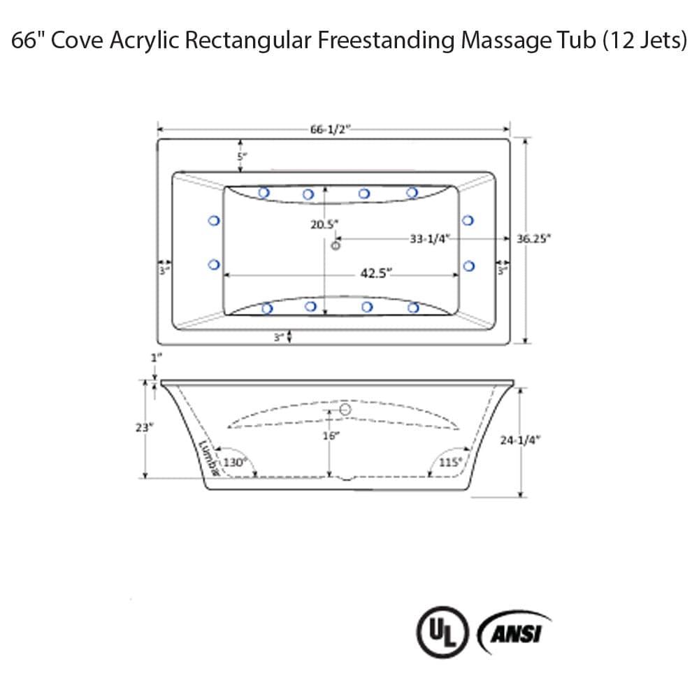 66" Cove Acrylic Rectangular Freestanding Massage Tub