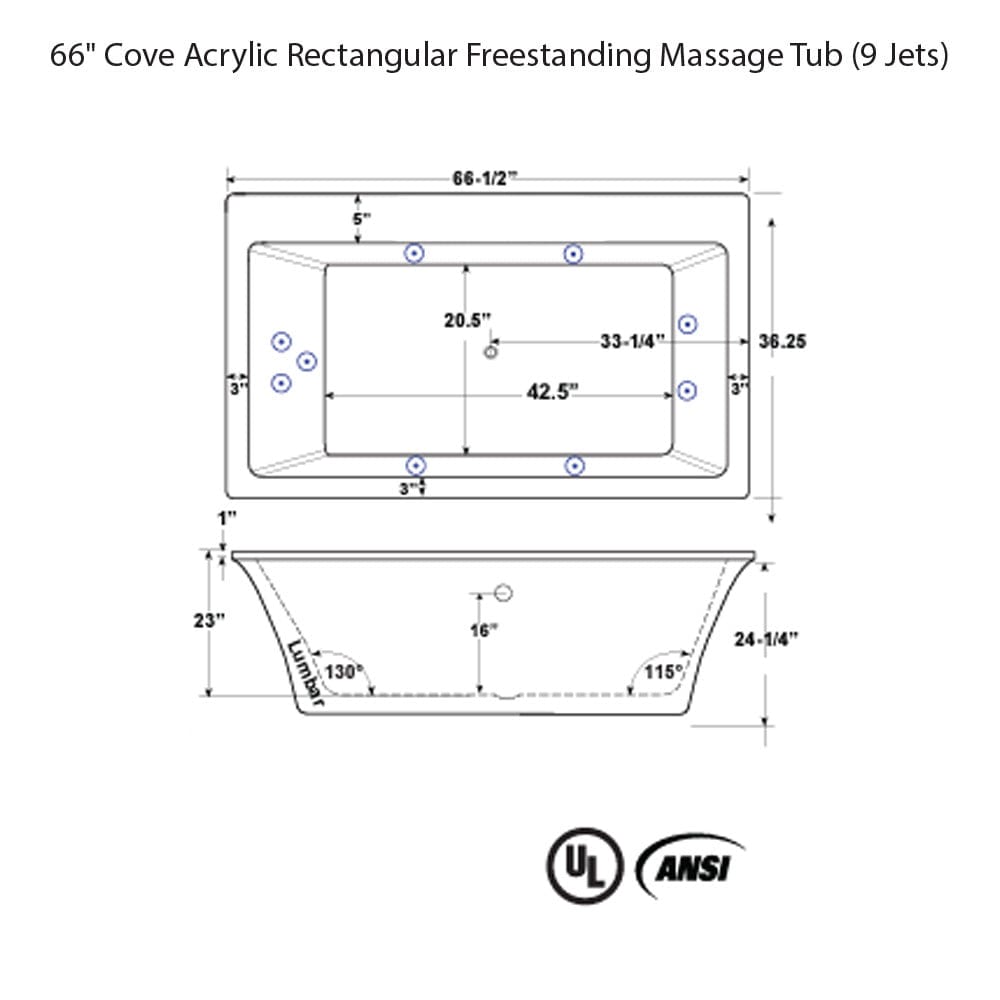 66" Cove Acrylic Rectangular Freestanding Massage Tub