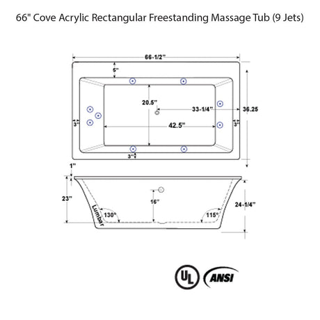 66" Cove Acrylic Rectangular Freestanding Massage Tub