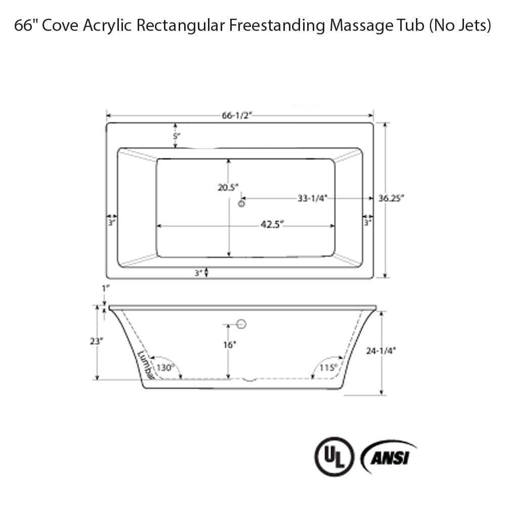 66" Cove Acrylic Rectangular Freestanding Massage Tub