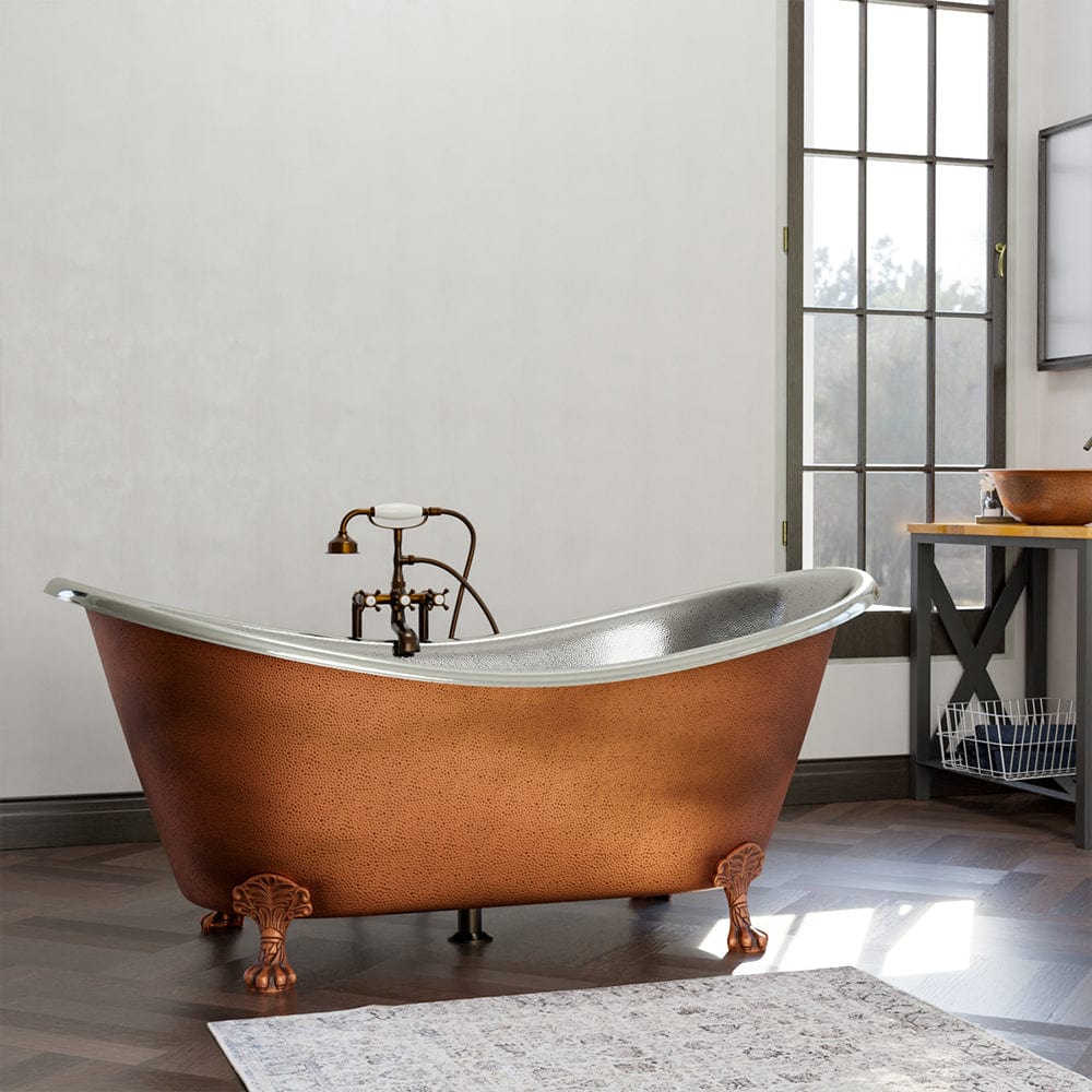66" Forhaster Antique Copper Clawfoot Double-Slipper Tub - Nickel Interior