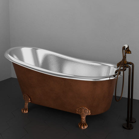 66" Jadaro Single Slipper Copper Clawfoot Tub with Rolled Rim - Polished Nickel Interior with Antique Copper Exterior