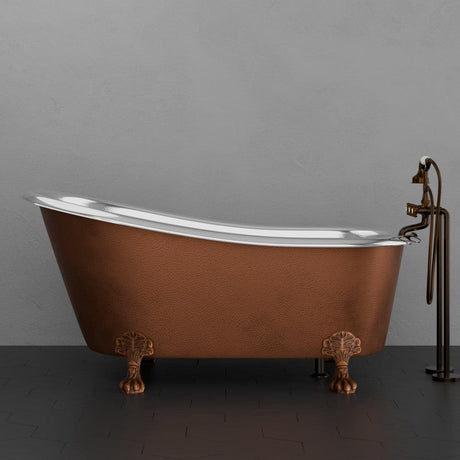 66" Jadaro Single Slipper Copper Clawfoot Tub with Rolled Rim - Polished Nickel Interior with Antique Copper Exterior