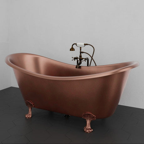 66" Joyce Double Slipper Hammered Copper Clawfoot Tub with Rolled Rim