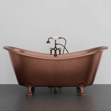 66" Joyce Double Slipper Hammered Copper Clawfoot Tub with Rolled Rim