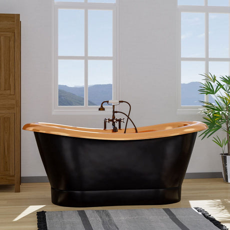 66" Kalida Antique Black Copper Double-Slipper Roll-Top Pedestal Tub - Polished Interior