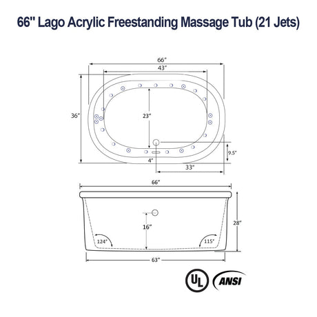 66" Lago Acrylic Freestanding Massage Tub