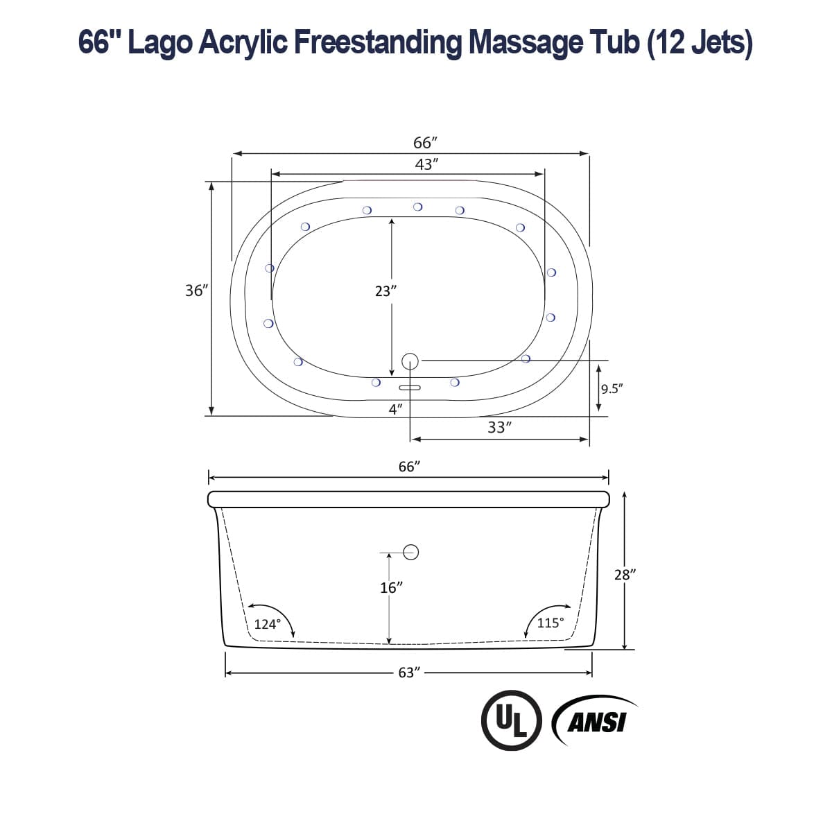 66" Lago Acrylic Freestanding Massage Tub