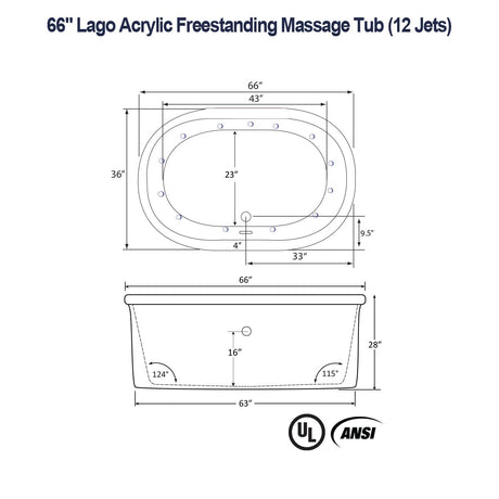 66" Lago Acrylic Freestanding Massage Tub