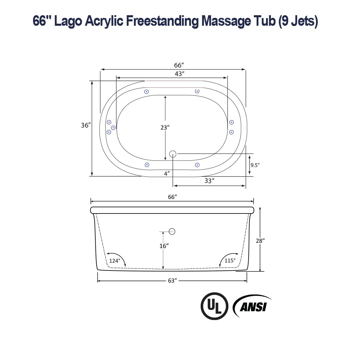 66" Lago Acrylic Freestanding Massage Tub