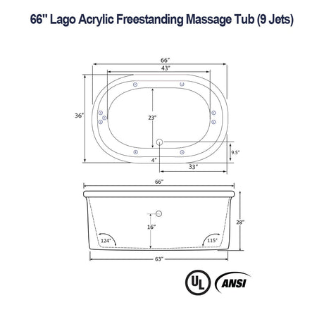66" Lago Acrylic Freestanding Massage Tub