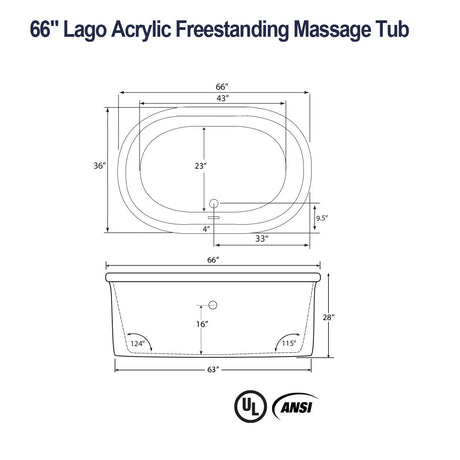 66" Lago Acrylic Freestanding Massage Tub