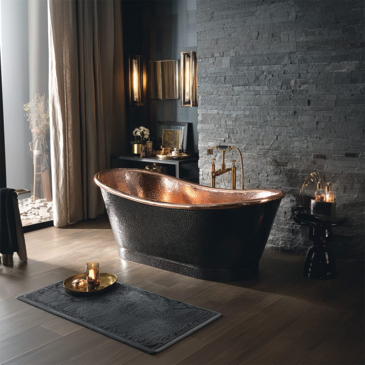 66 Marcella Hammered Black Copper Double-Slipper Freestanding Tub with Polished Copper Interior