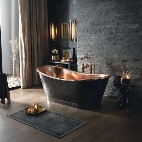 66 Marcella Hammered Black Copper Double-Slipper Freestanding Tub with Polished Copper Interior