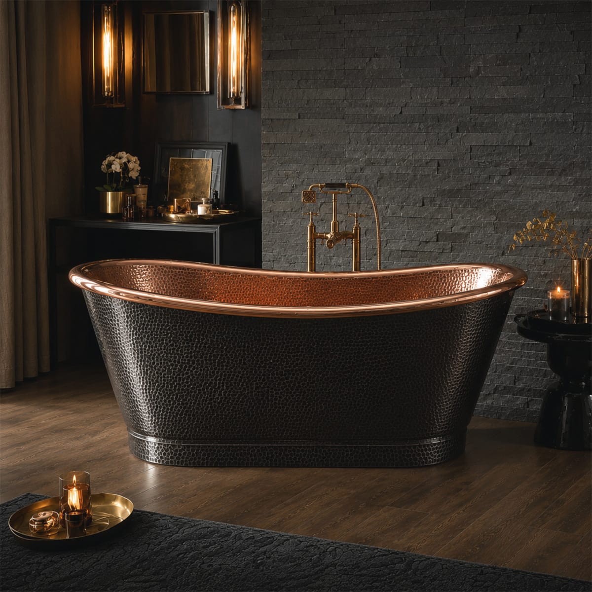 66 Marcella Hammered Black Copper Double-Slipper Freestanding Tub with Polished Copper Interior