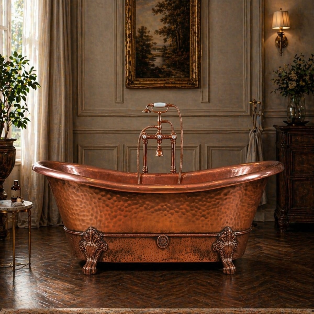 66 Oriana Hammered Copper Double-Slipper Clawfoot Tub