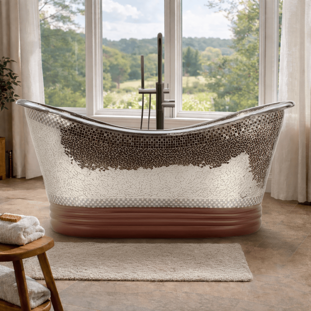 66" Pomona Copper Double-Slipper Mosaic Nickel-Plated Tub
