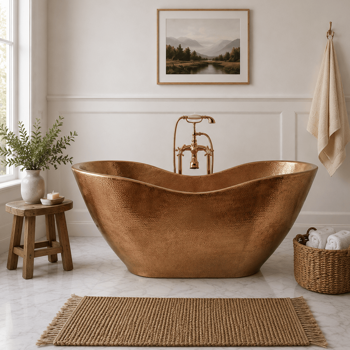 66" Unton Hammered Copper Double-Slipper Tub