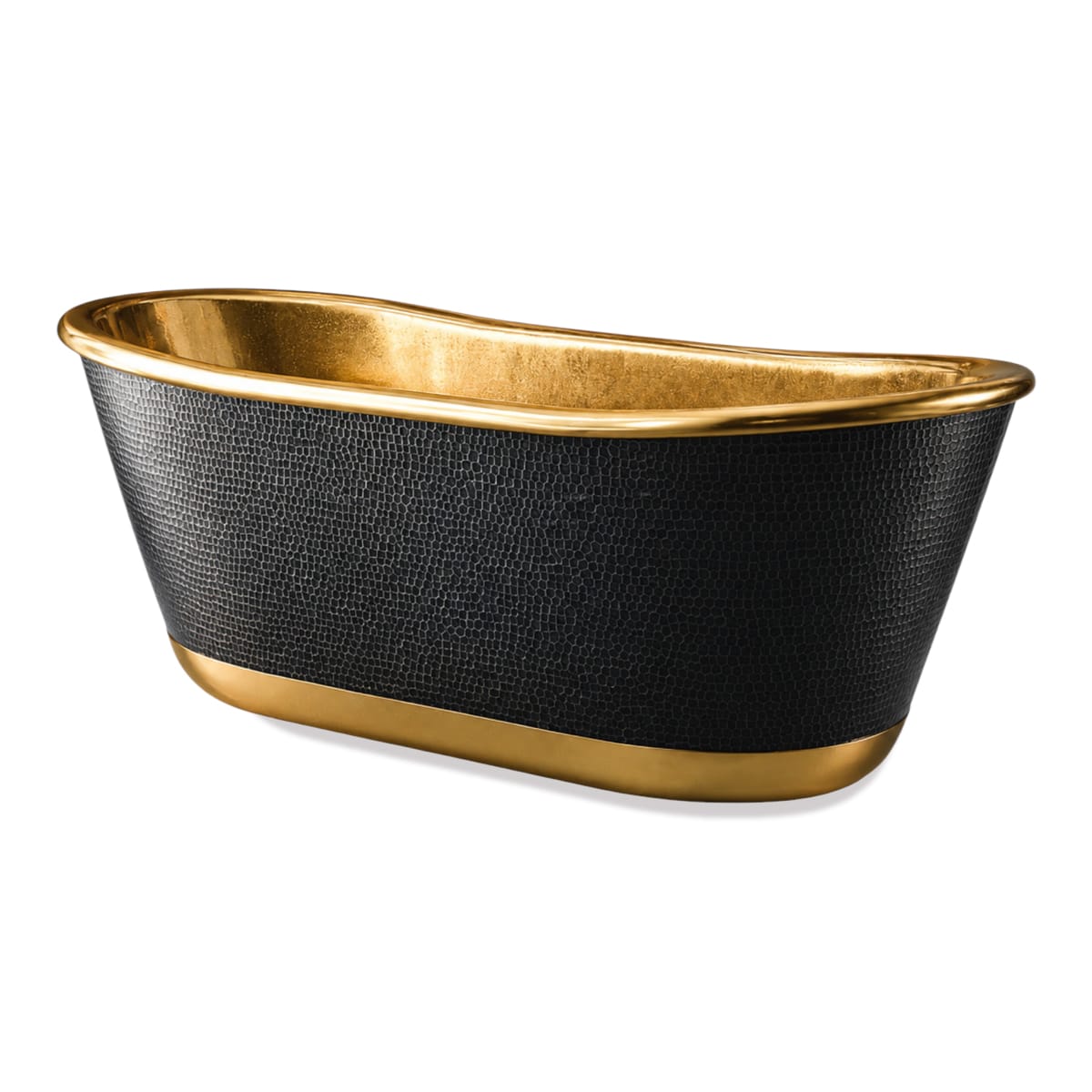 66 Velora Black Hammered Brass Double-Slipper Freestanding Tub with Polished Brass Interior