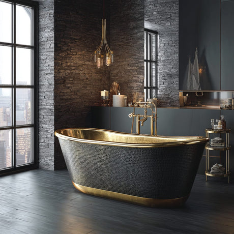 66 Velora Black Hammered Brass Double-Slipper Freestanding Tub with Polished Brass Interior