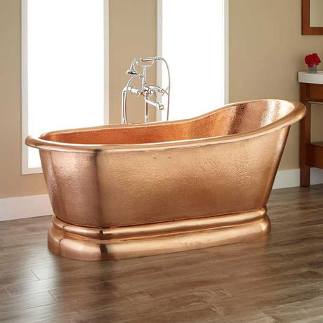 66" Weltner Hammered Copper Single Slipper Tub with Pedestal Copper Polish with Lacquer