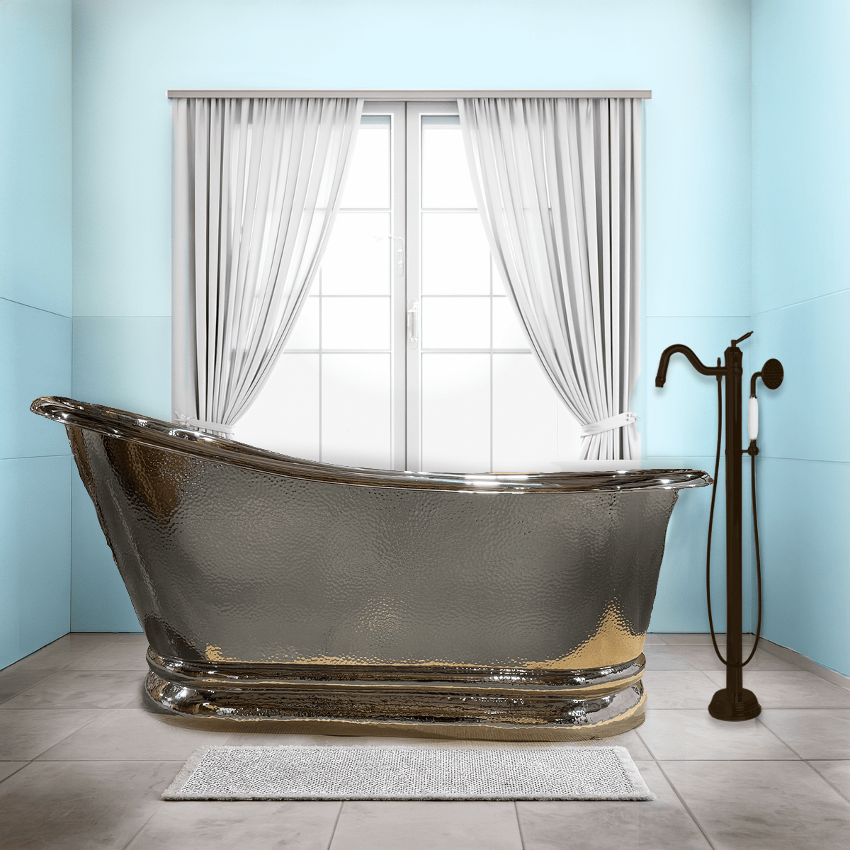 66" Weltner Single Slipper Hammered Nickel Plated Copper Tub with Pedestal