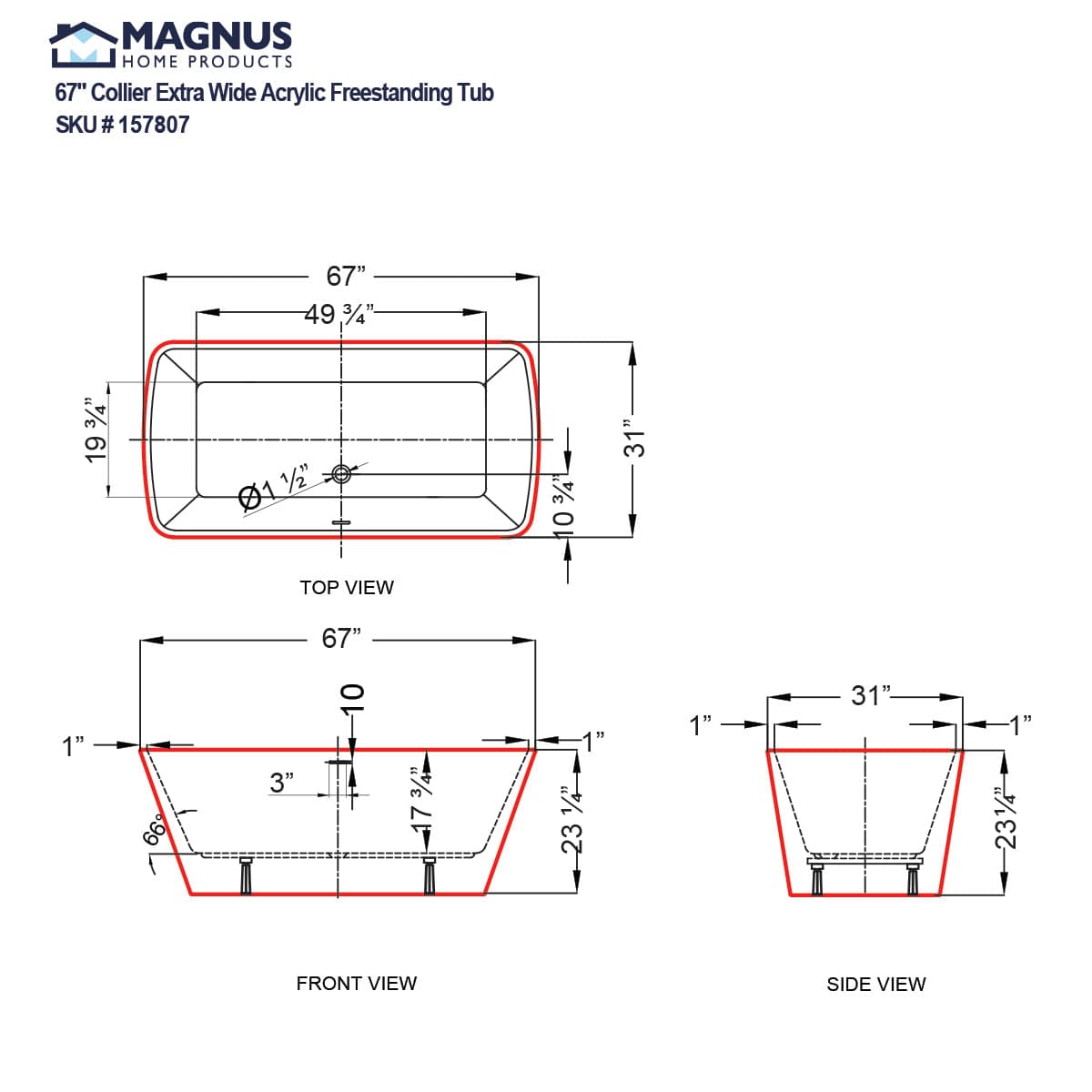 67" Collier Acrylic Freestanding Tub with Insulation