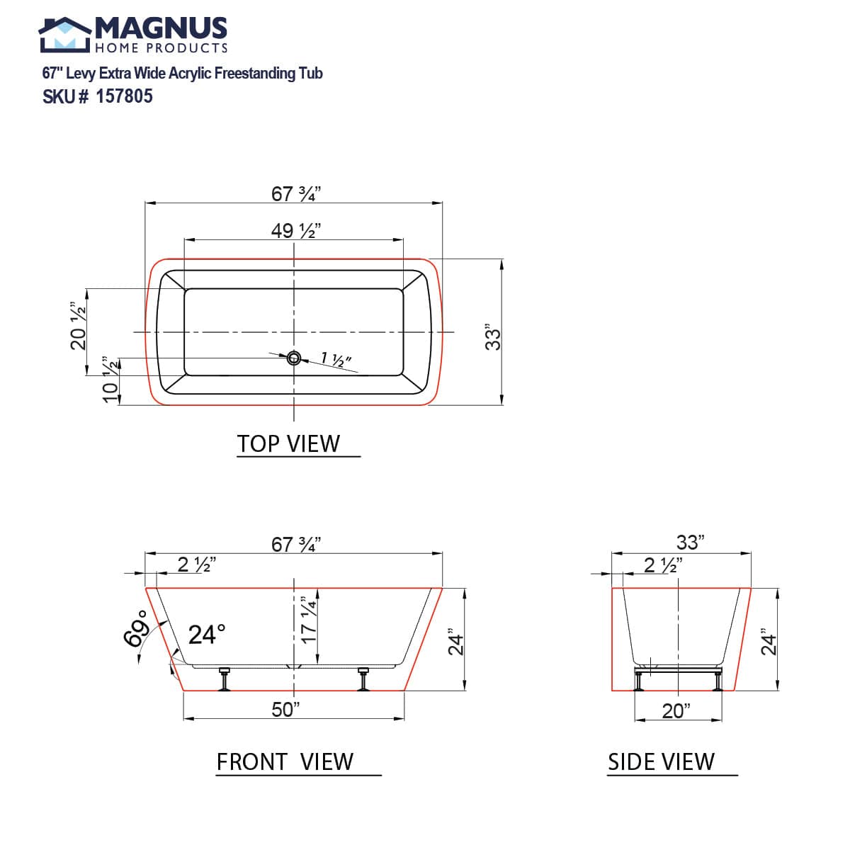 67" Levy Extra Wide Acrylic Freestanding Tub