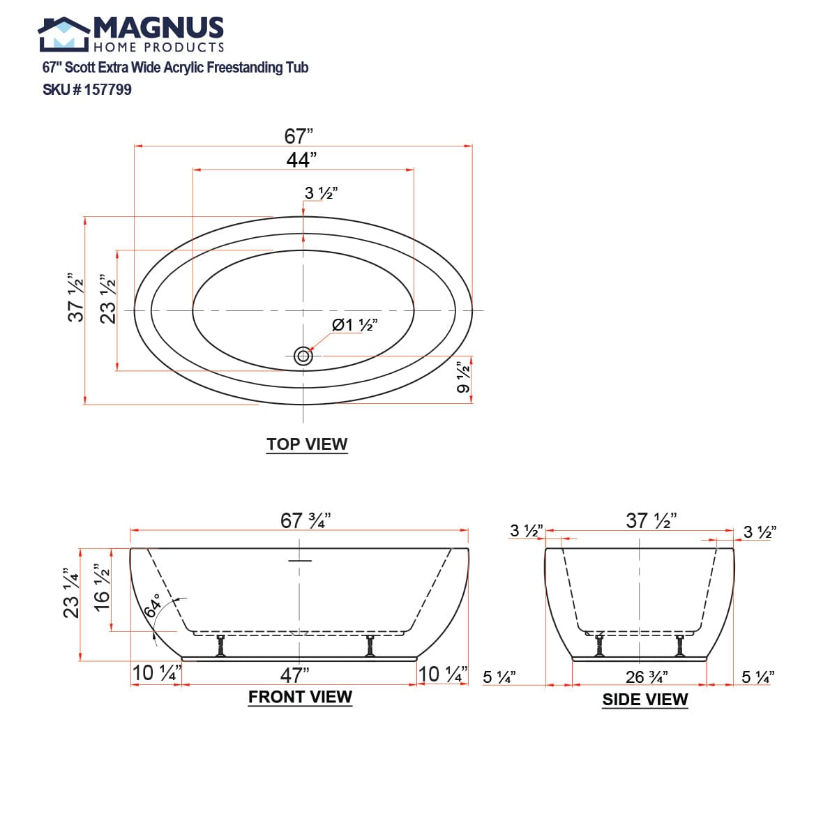 67" Scott Extra Wide Acrylic Freestanding Tub