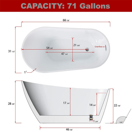 67" Seville Acrlyic Slipper Freestanding Soaking Bathtub