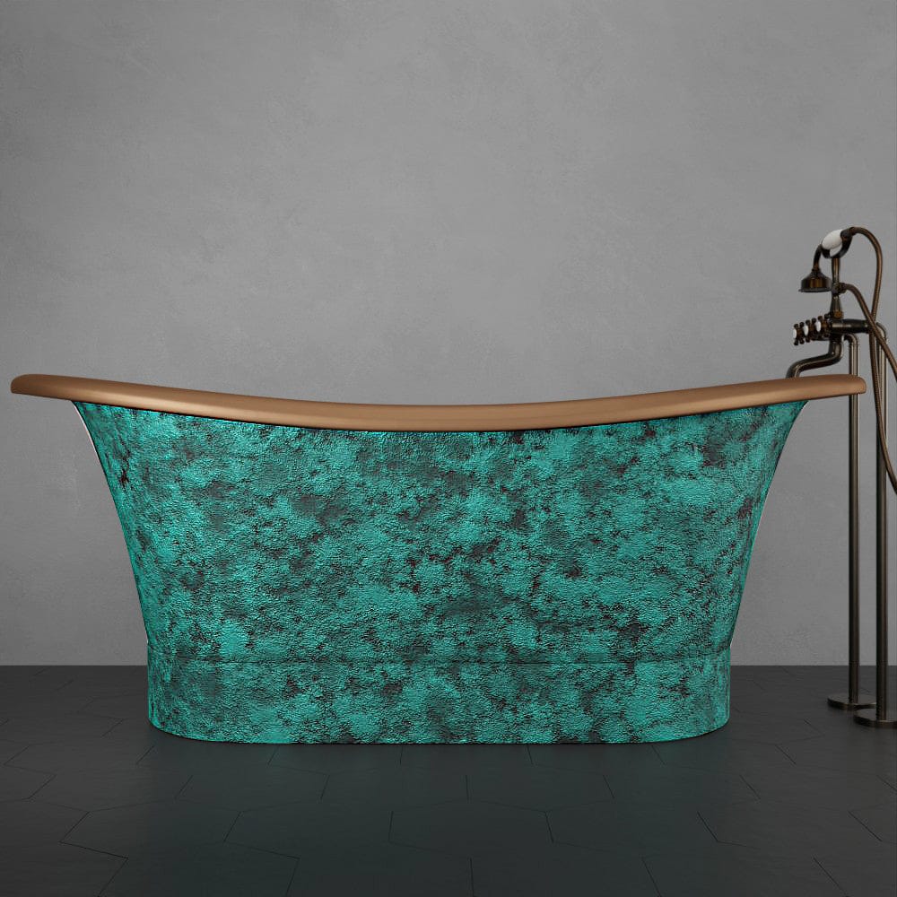 68" Curtis Copper Double Slipper Smooth Bathtub - Inside French Patina & Outside Smooth Verdigris