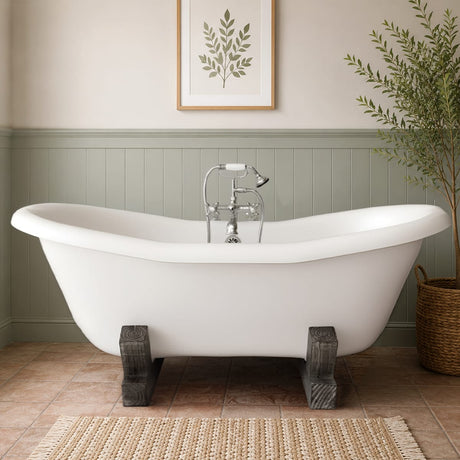 68" Farmstead Acrylic Double-Slipper Clawfoot Tub - Gray Wood Base