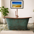 68" Sullivan Copper Double Slipper Hammered Bathtub - Inside French Patina & Outside Hammered Verdigris