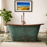 68" Sullivan Copper Double Slipper Hammered Bathtub - Inside French Patina & Outside Hammered Verdigris
