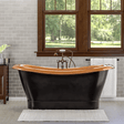 70" Kalida Antique Black Copper Double-Slipper Roll-Top Tub with Pedestal - Polished Interior with Matte Black Daisy Wheel & Pop-Up Drain