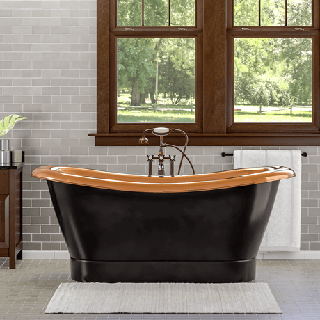 70" Kalida Antique Black Copper Double-Slipper Roll-Top Tub with Pedestal - Polished Interior with Matte Black Daisy Wheel & Pop-Up Drain