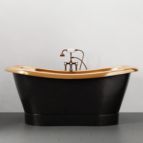 70" Kalida Antique Black Copper Double-Slipper Roll-Top Tub with Pedestal - Polished Interior with Matte Black Daisy Wheel & Pop-Up Drain