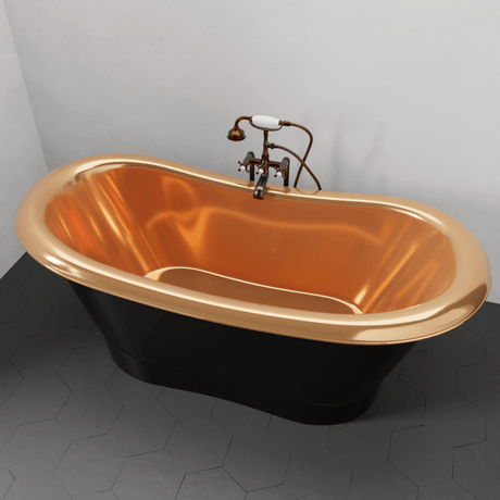 70" Kalida Antique Black Copper Double-Slipper Roll-Top Tub with Pedestal - Polished Interior with Matte Black Daisy Wheel & Pop-Up Drain