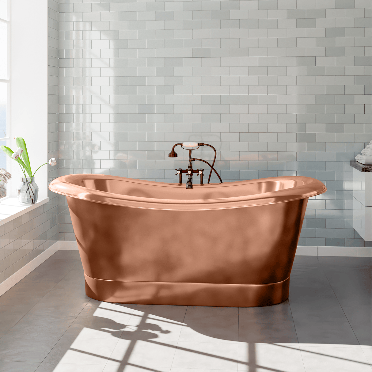 70" Monrovia Copper Double-Slipper Roll-Top Pedestal Tub
