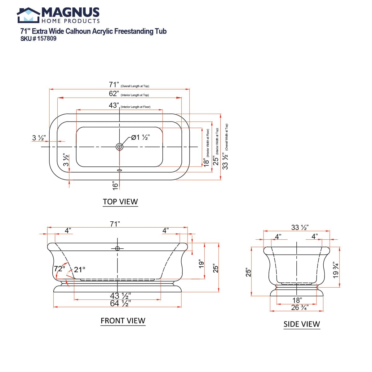71" Extra Wide Calhoun Acrylic Freestanding Tub