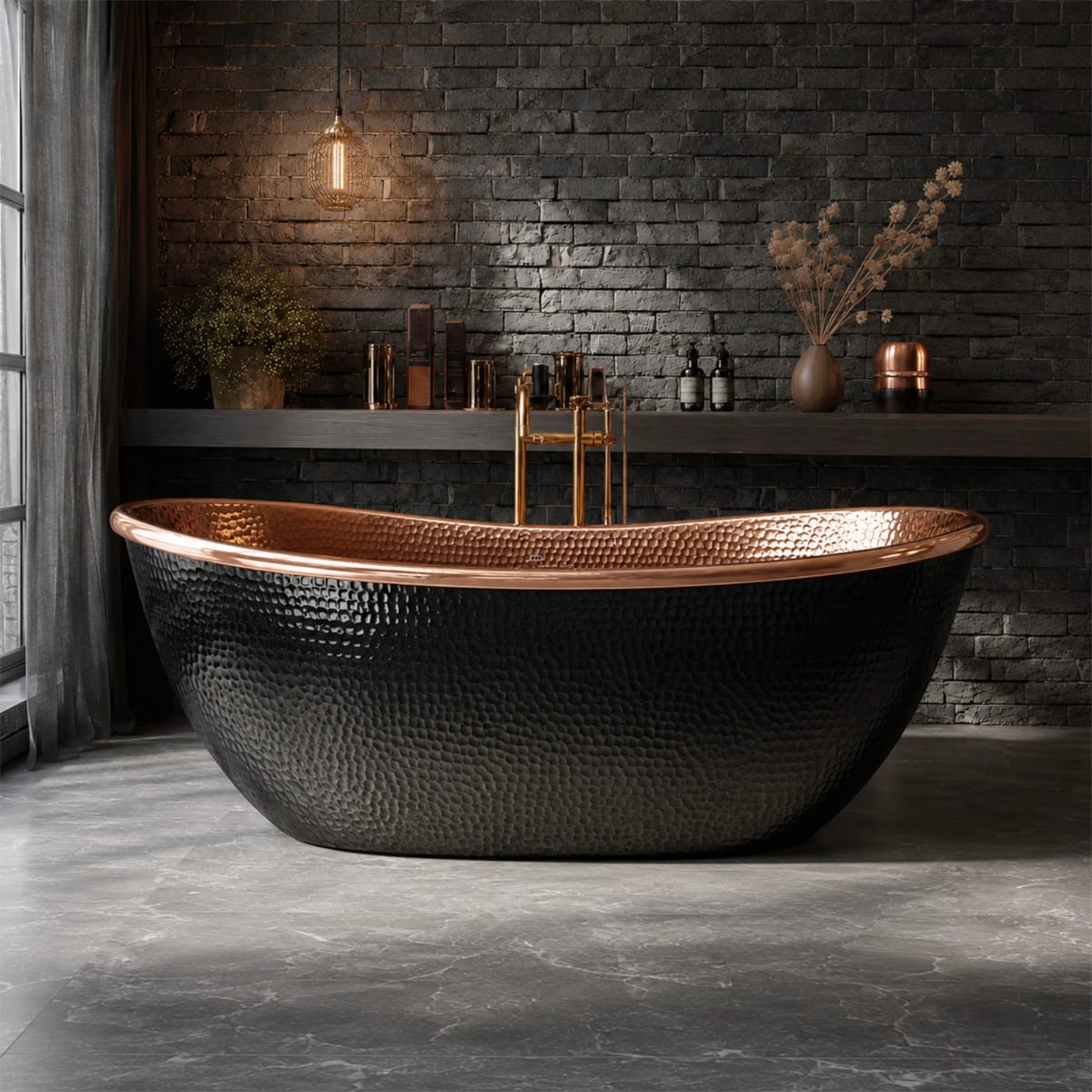 72 Celestia Black Hammered Copper Double-Slipper Freestanding Tub with Polished Copper Interior