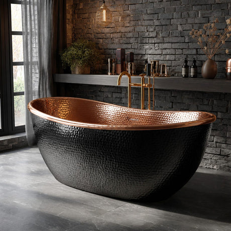 72 Celestia Black Hammered Copper Double-Slipper Freestanding Tub with Polished Copper Interior