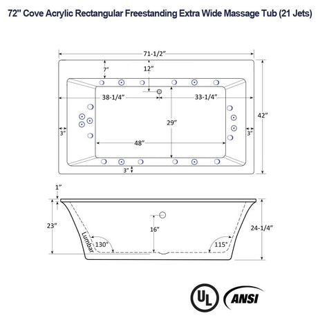 72" Cove Acrylic Rectangular Freestanding 42" Extra Wide Massage Tub