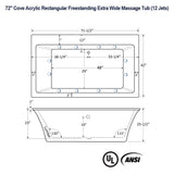 72" Cove Acrylic Rectangular Freestanding 42" Extra Wide Massage Tub