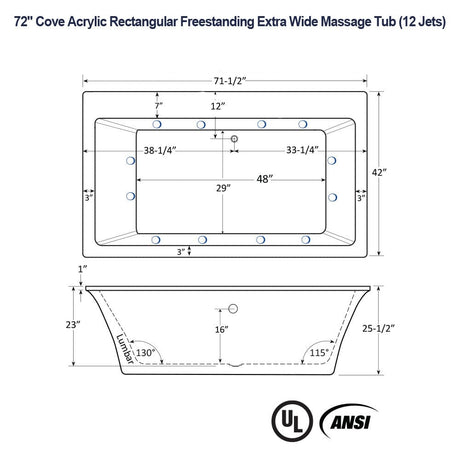 72" Cove Acrylic Rectangular Freestanding 42" Extra Wide Massage Tub