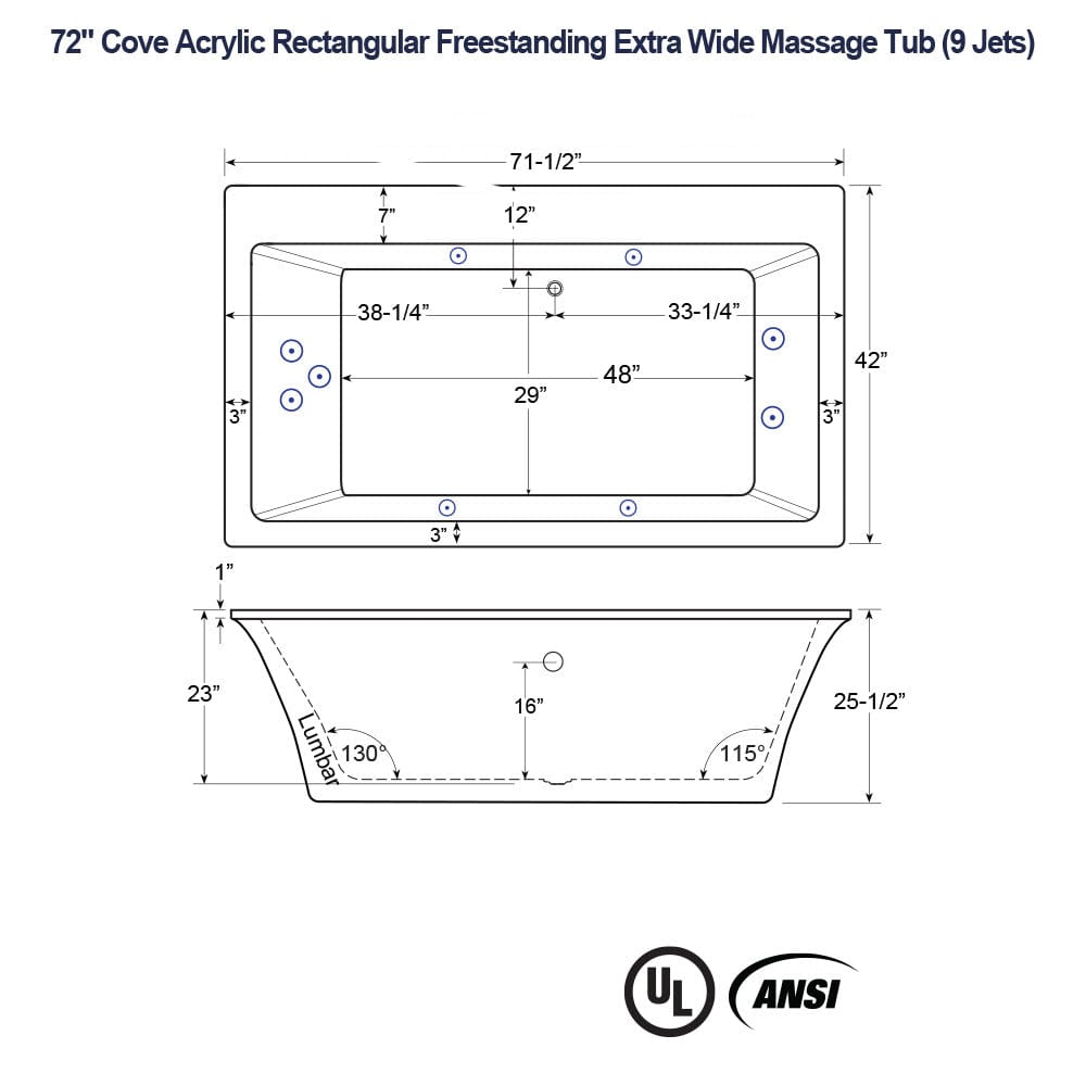 72" Cove Acrylic Rectangular Freestanding 42" Extra Wide Massage Tub