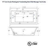 72" Cove Acrylic Rectangular Freestanding 42" Extra Wide Massage Tub